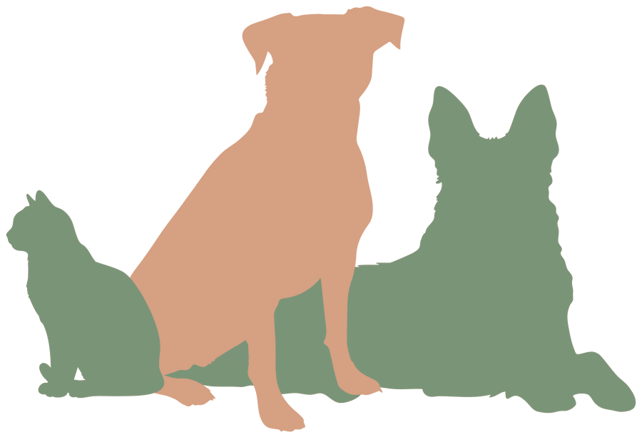 A cat and two dogs sitting together, the Sit & Stay Pet Co. emblem